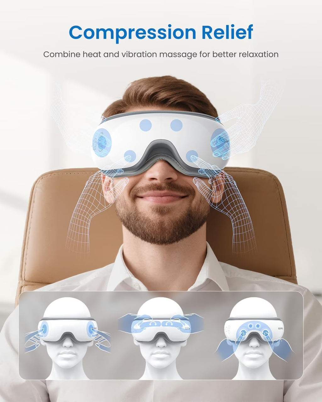 Eye Massager with Heat & Vibration, FSA HSA Eligible, 5 Massage Modes, Bluetooth Music, Adjustable Headband, USB Rechargeable, Fathers Day Gift for Men Dad- White