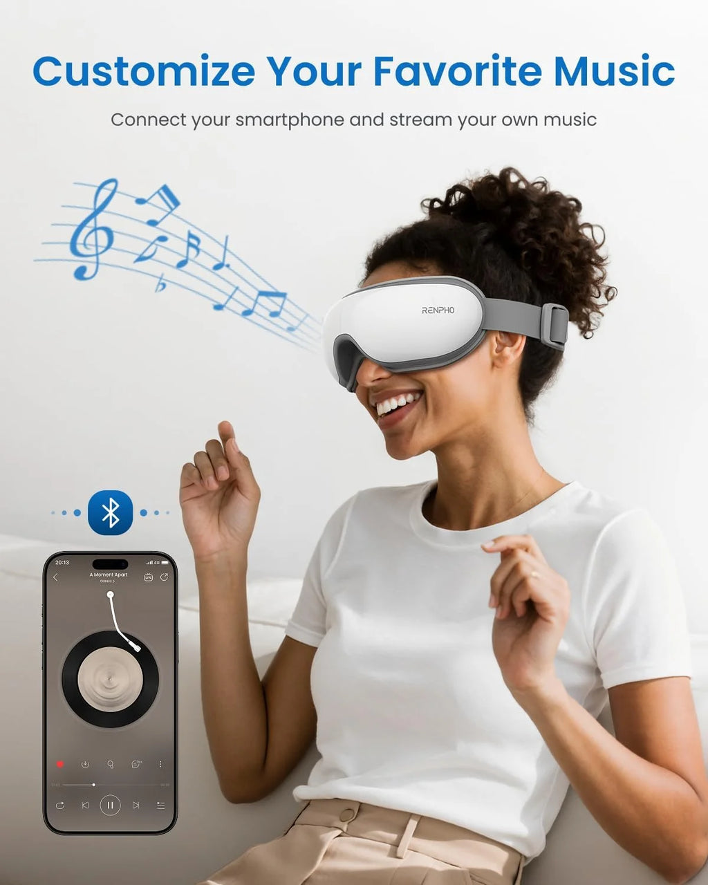 Eye Massager with Heat & Vibration, FSA HSA Eligible, 5 Massage Modes, Bluetooth Music, Adjustable Headband, USB Rechargeable, Fathers Day Gift for Men Dad- White