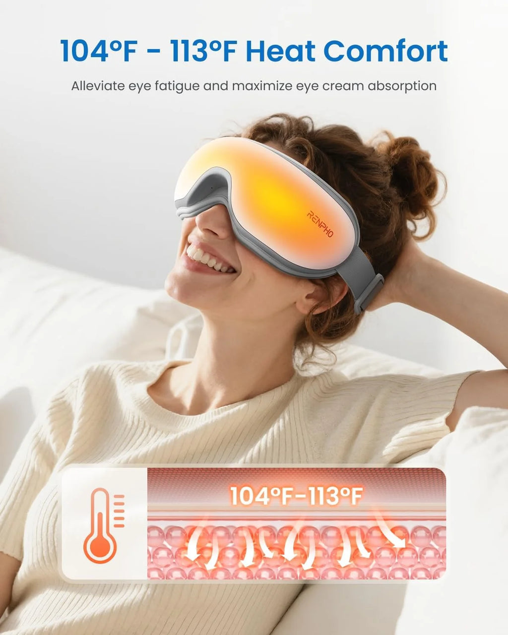 Eye Massager with Heat & Vibration, FSA HSA Eligible, 5 Massage Modes, Bluetooth Music, Adjustable Headband, USB Rechargeable, Fathers Day Gift for Men Dad- White
